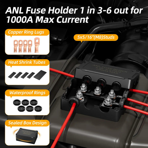 ANL Fuse Holder Includes 300A 400A 500A Fuses Max 1000A Waterproof Fuse Block 1 In 3-6 Out M8 Studs, copper ring lugs and heat shrink tubes.