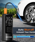 Portable Tire Inflator With Digital Pressure Gauge And Auto Shut Off Cordless Air Compressor For Cars Bikes Motorcycles And Balls Fast Inflation Up To 150 PSI Compact Handy Pump inflating car tire, showing display and hose connection.