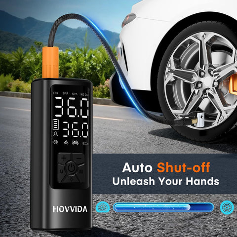 Portable Tire Inflator With Digital Pressure Gauge And Auto Shut Off Cordless Air Compressor For Cars Bikes Motorcycles And Balls Fast Inflation Up To 150 PSI Compact Handy Pump inflating car tire, showing display and hose connection.