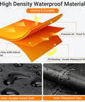Diagram showing heavy-duty 420D Oxford material with premium UV coating and waterproof tape for Patio Furniture Covers Rectangle For Outdoor Tables And Sectional Sets 90 Inch Long By 64 Inch Wide By 28 Inch High Heavy Duty Waterproof All Weather Wind Resistant Black Cover With Secure Straps And Elastic Hem.