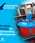 Professional Air Operated Grease Pump For 120 Lb Drums Built Tough To Crush Daily Shop Grind With A Silent Noncorrosive Motor And Complete Booster Gun Hose Plus Rolling Cart Kit with blue cap and red barrel.