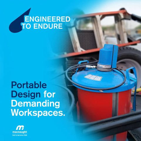 Professional Air Operated Grease Pump For 120 Lb Drums Built Tough To Crush Daily Shop Grind With A Silent Noncorrosive Motor And Complete Booster Gun Hose Plus Rolling Cart Kit with blue cap and red barrel.