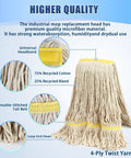 Two Pack 20Oz Heavy Duty Cotton Mop Set With 63 Inch Stainless Steel Handle For Industrial Cleaning Commercial Grade Replacement Mop Heads For Home And Office Floors. Image shows the mop head with recycled cotton blend, loop end head, and stitched tail belt.