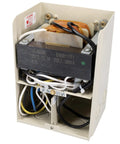 Interior view of PX300 300W Pool Light Transformer showcasing components with beige stainless steel housing and wires.