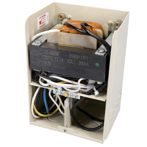 Interior view of PX300 300W Pool Light Transformer showcasing components with beige stainless steel housing and wires.