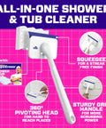 Magic Eraser Shower and Tub Scrubber Bathroom Cleaner All In One Kit with pivoting head and sturdy handle on pink background.