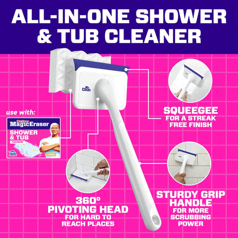 Magic Eraser Shower and Tub Scrubber Bathroom Cleaner All In One Kit with pivoting head and sturdy handle on pink background.
