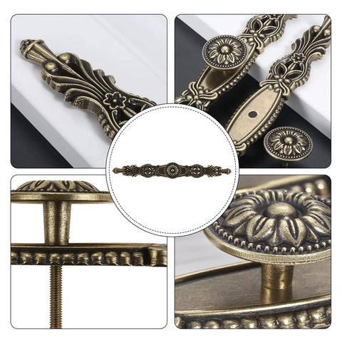 Vintage Antique Bronze Cabinet Pulls 10.2 Inch 5 Piece Set Sweet Hardware detailed view showing floral designs and mounting hardware.