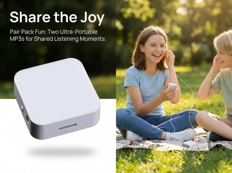 Portable No Screen MP3 Player With Wired Headphones And Built In Speaker 4GB Memory Card For 500 Plus Songs in use outdoors