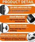 Product detail image showing eye bolts, height adjustments from 3 to 8 inches, and reinforcement features of 4 Pack Adjustable Table Leg Extenders With Wheels, Heavy Duty Steel Furniture Risers, Quick Setup Design.