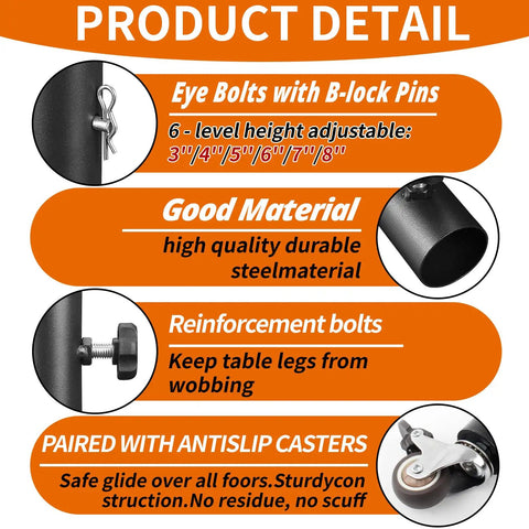 Product detail image showing eye bolts, height adjustments from 3 to 8 inches, and reinforcement features of 4 Pack Adjustable Table Leg Extenders With Wheels, Heavy Duty Steel Furniture Risers, Quick Setup Design.