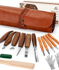 All In One Wood Carving Kit 15 Piece Set with PU Storage Bag, 6 Whittling Knives, 5 Detail Knives, Polishing Compound, Leather Strop, Safety Gloves