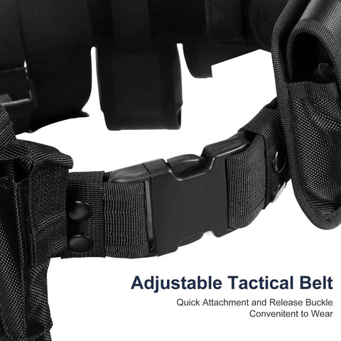 Close-up of buckle on 10 In 1 Black Tactical Duty Belt Set With Holster And Pouches For Men And Women Law Enforcement Cosplay Costume Hunting Kit