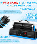 Ultra Quiet Brushless Rock Tumbler Kit With Dual 7Lb Barrels, showcasing noise canceling cover and design features.
