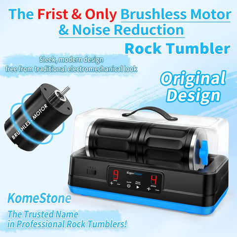 Ultra Quiet Brushless Rock Tumbler Kit With Dual 7Lb Barrels, showcasing noise canceling cover and design features.