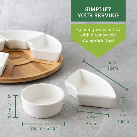 Slick Ceramic Taco Lazy Susan Featuring Six Deep Bowls And A Silky Swivel Base for easy serving with a wooden tray.