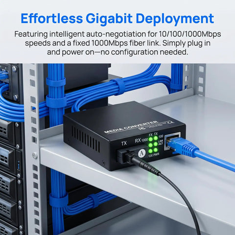 Image of Snag This Gigabit Fiber Optical Media Converter For Serious Speed Up To 3Km With Auto Negotiation On 10 100 1000Mbps and indicators.