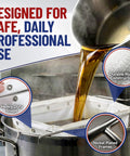 Heavy Duty Fryer Oil Filter Bags Keep Kitchen Gunk Out And Stretch Your Fry Oil Supply With Smooth Pulling Micro Mesh Strainers For Regular Deep Frying Tasks pouring oil into pot with nylon strainer.