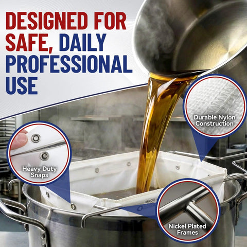 Heavy Duty Fryer Oil Filter Bags Keep Kitchen Gunk Out And Stretch Your Fry Oil Supply With Smooth Pulling Micro Mesh Strainers For Regular Deep Frying Tasks pouring oil into pot with nylon strainer.