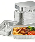 60 Pack Aluminum Foil Pans With Lids, 8.5 By 6 Inch, 2.25 Lb Capacity, Includes 60 Cardboard Covers, Disposable Bakeware For Grab-And-Go Meal Prep, Storage, Freezer, Catering, And Takeout showing stacked pans and food serving