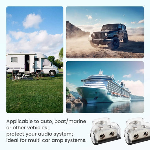 2 Way Car Audio Power And Ground Distribution Block With 0 2 4 Gauge Input And 4 8 Gauge Output For Amplifier Wiring Heavy Duty Ground Splitter For Auto Stereo System Easy Install And Reliable Protection for auto, boat, and RV use