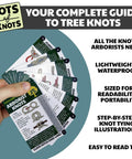 Arborist Knots Knot Cards For Tree Climbing And Trimming Waterproof 14 Page Pocket Guide shown in a hand with knot illustrations.