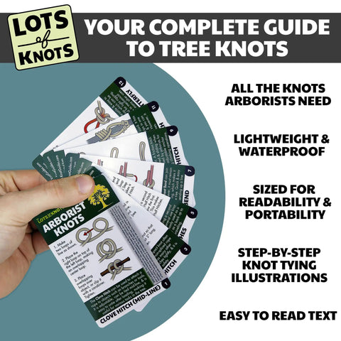 Arborist Knots Knot Cards For Tree Climbing And Trimming Waterproof 14 Page Pocket Guide shown in a hand with knot illustrations.