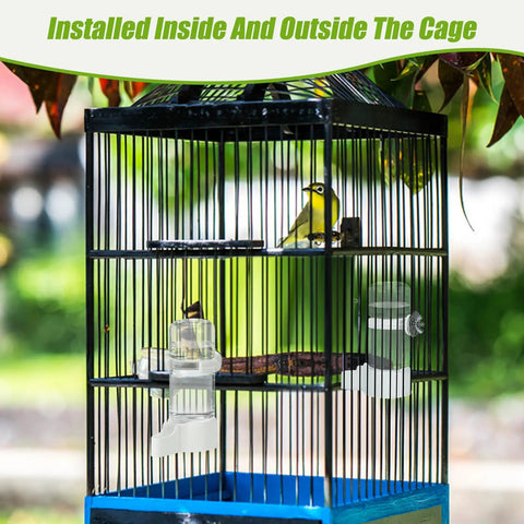 Two Pack Automatic Bird Cage Water Dispenser With Leak Proof Build For Parakeets And Small Parrots inside and outside a birdcage.
