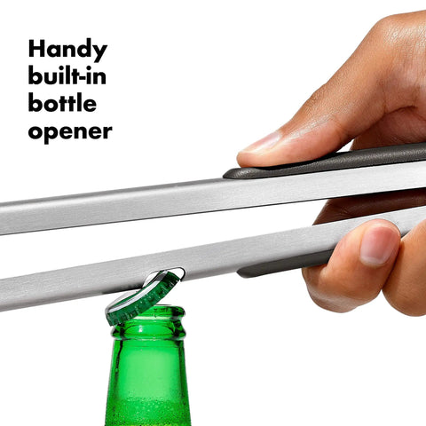 Outdoor Grilling Turner And Tongs Set With Heavy Duty Stainless Steel Construction, non-slip grips, bottle opener feature in use