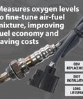 Close-up of Direct Fit Oxygen Sensor 4 Wire O2 Sensor OEM Replacement For Improved Fuel Efficiency Lower Emissions And Better Engine Performance Easy Plug And Play Install For Most Vehicles, showing metallic tip and black connector.
