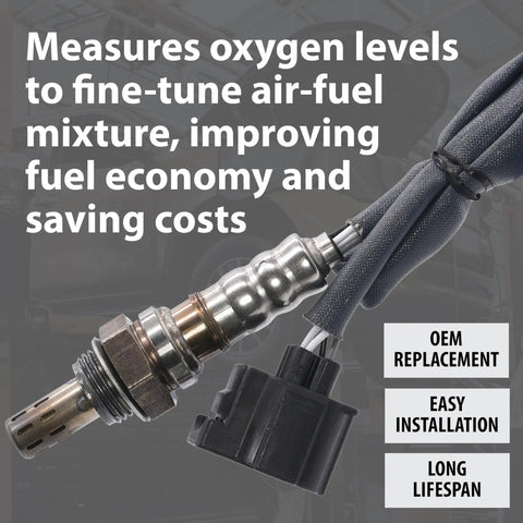 Close-up of Direct Fit Oxygen Sensor 4 Wire O2 Sensor OEM Replacement For Improved Fuel Efficiency Lower Emissions And Better Engine Performance Easy Plug And Play Install For Most Vehicles, showing metallic tip and black connector.