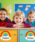 Children with 120 Rainbow Name Plates For Classroom Desks Colorful Rainbow Students Name Tags Self Adhesive Locker Labels