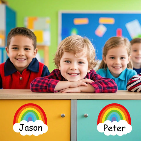 Children with 120 Rainbow Name Plates For Classroom Desks Colorful Rainbow Students Name Tags Self Adhesive Locker Labels