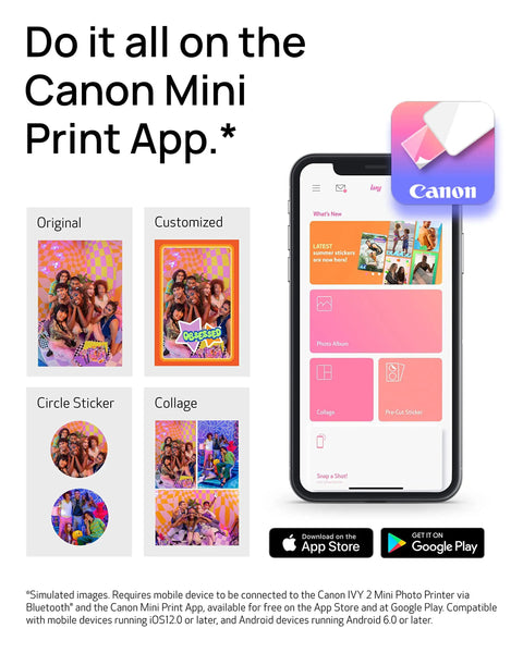 Ivy 2 Mini Photo Printer For IPhone And Android Zero Ink ZINK Tech Print Sticky Back Photos Directly From Your Smartphone On The Go No Ink Needed Quick Colorful Prints In Pure White Finish displayed on Canon Mini Print App interface.