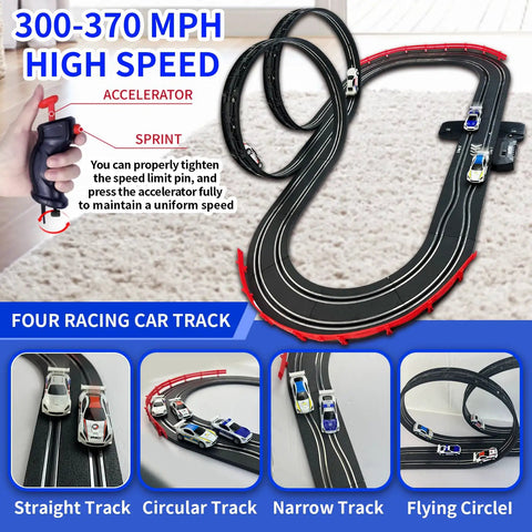 4 Unique Slot Cars Race Track Set For Kids Ages 4 To 12, Battery Powered Or Electric Car Track With S Curves And Overpass layout