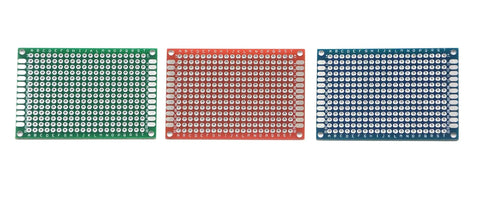 Pack of 12 Double Sided PCB Prototyping Boards for DIY Soldering Breadboard Projects, 4cm by 6cm in red, green, and blue.