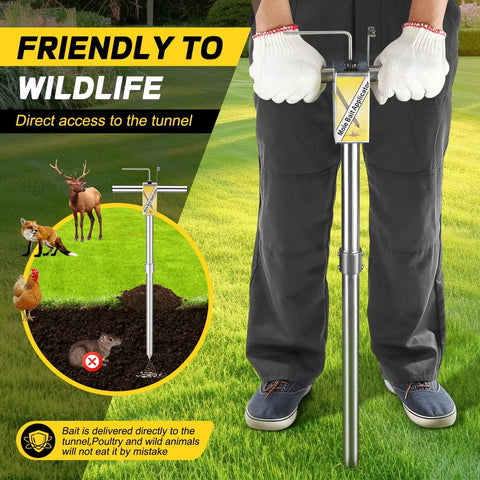 Stainless Steel Gopher And Mole Bait Applicator For Lawns And Yards, depicted in use by a person with wildlife images nearby.