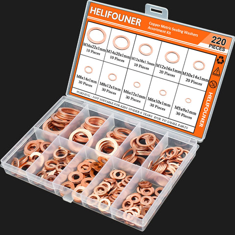 Copper Washers Kit 220 Pieces Ten Sizes M5 M6 M8 M10 M12 M14 M16 Flat Sealing Washers in plastic case