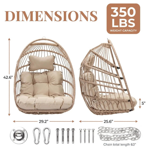 Dimensions of Outdoor Hanging Egg Chair Without Stand For Patio Or Balcony, wicker swing egg basket with padded cushion, 350 lbs capacity