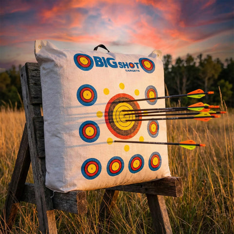 Beast-Size Outdoor Archery Target Bag 36 By 30 By 11 Inches, arrows embedded, on easel in field at sunset