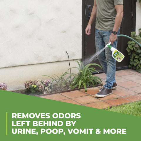 Person using a 32 oz Pet Odor Eliminator Spray For Dogs With Natural Enzymes on a patio to remove urine and vomit odors