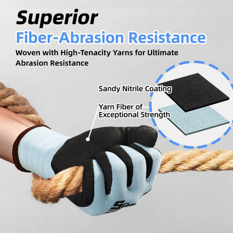 Close-up of Six Pairs Heavy Duty Work Gloves With Sandy Nitrile Coating Extreme Fiber Abrasion Resistance Level 6 holding rope