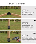 Installation steps for Beefed Up Three Way Right Angle Pergola Brackets Kit For 4x4 Posts on grassy lawn