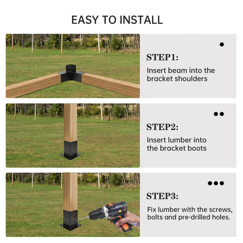 Installation steps for Beefed Up Three Way Right Angle Pergola Brackets Kit For 4x4 Posts on grassy lawn