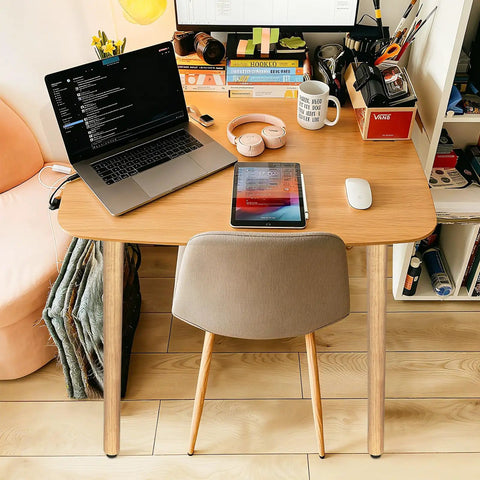 Straight Up Solid 28 Inch Rubber Wood Table Legs Built Tough As Nails For Dining Tables Home Desks And Kitchen Islands with a laptop and tablet on a wooden desk.