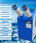 Heavy Duty Industrial Portable Air Conditioner 18700 BTU Knockout Spot Cooler With 780 Cubic Meter Hour Airflow Built Like A Tank For Warehouses And Garages Zero Sweat Operation with dual exhaust hoses.