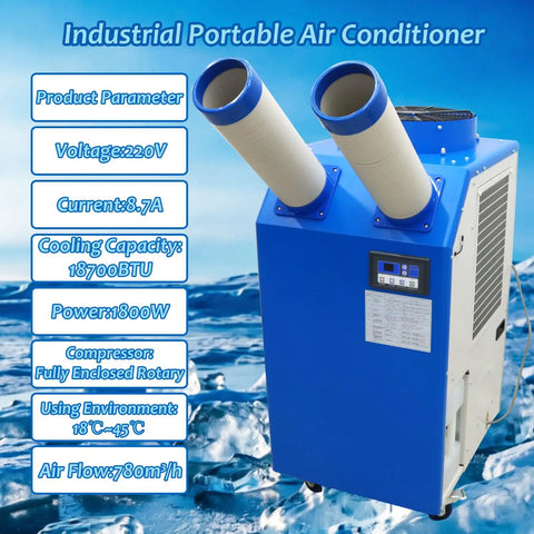 Heavy Duty Industrial Portable Air Conditioner 18700 BTU Knockout Spot Cooler With 780 Cubic Meter Hour Airflow Built Like A Tank For Warehouses And Garages Zero Sweat Operation with dual exhaust hoses.