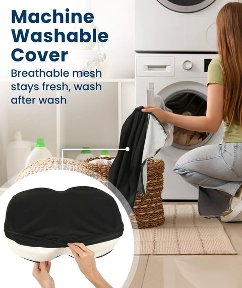 Woman washing a Memory Foam Under Desk Foot Rest For Home Office And Gaming, Ergonomic Foot Stool Elevates Feet, Washable Cover shown
