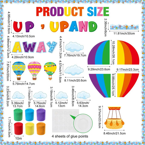 Hot Air Balloon Bulletin Board Set With 57 Pieces Including Balloons And Clouds Borders Letters And Crepe Paper Rolls For Back To School Classrooms Windows Walls And Doors Decor Kid Friendly Fun Preschool Elementary Summer product sizes