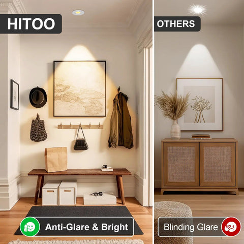 HITOO 3 Inch Motion Sensor Recessed Downlight Light 3000K, White, 2 Pack illuminating an entryway with anti-glare lighting.